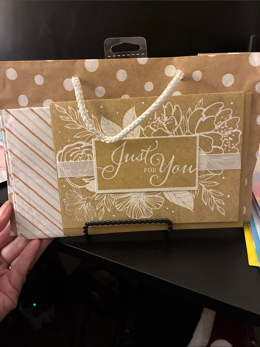 Just For You Kraft and White Floral Gift Bag with Tissue Paper and Handmade Card